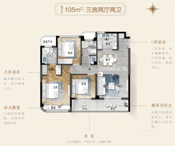 江都信远龙熙公元3室2厅2卫105平米户型解析(附户型图)